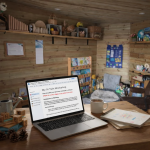 laptop on a desk in a in a wooden playroom AI childminders AI tools support
