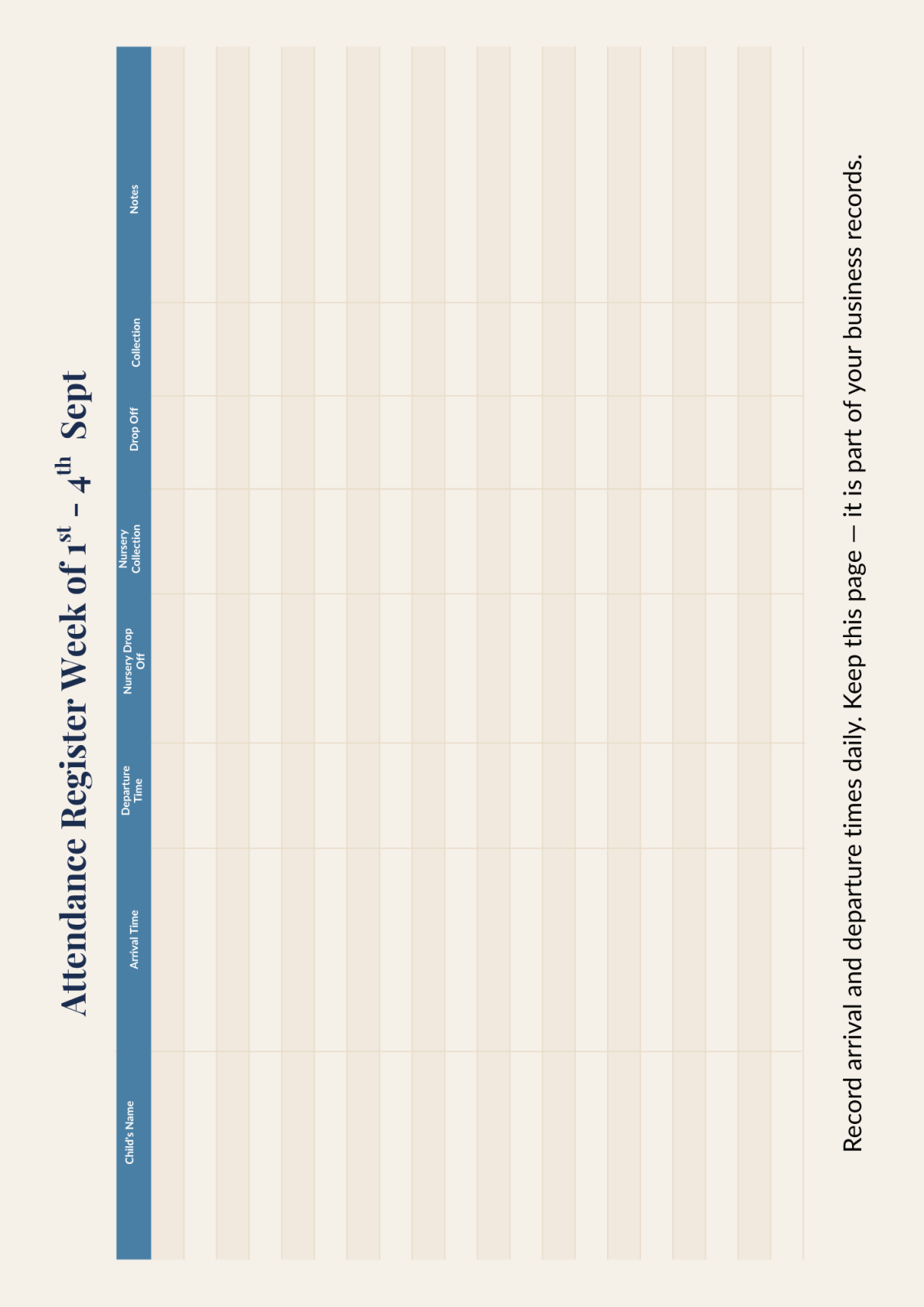Weekly attendance register page from the Childminder Planner for recording daily arrival and departure times
