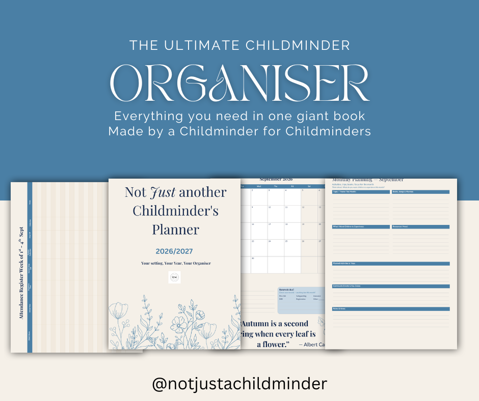 Childminder Planner 2026/2027 digital planner cover with sample monthly calendar and diary pages