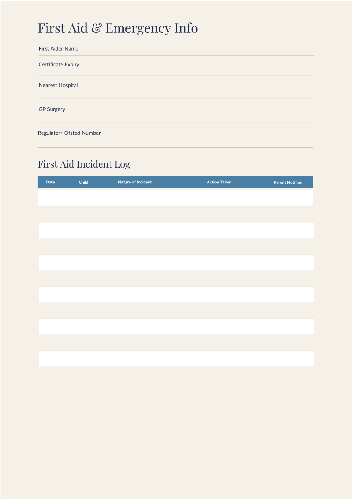 First Aid & Emergency Info page from the Childminder Planner 2026/2027, with incident log table