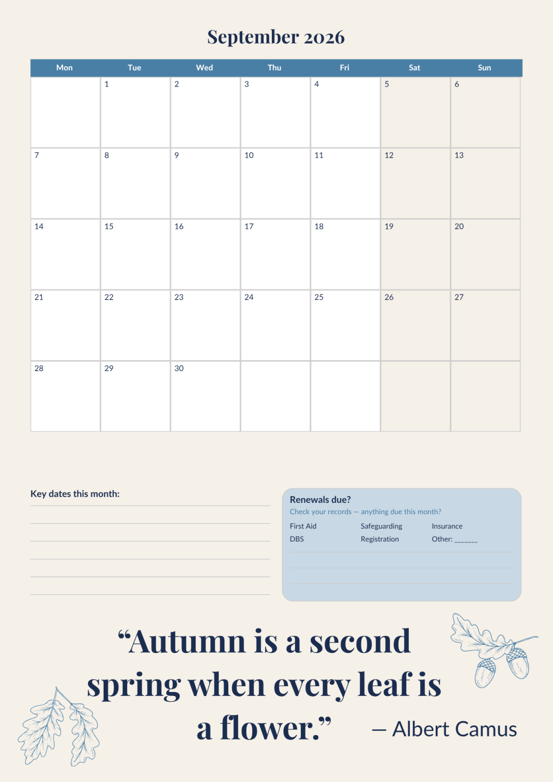 September 2026 monthly calendar page from the Childminder Planner with key dates and renewals tracker